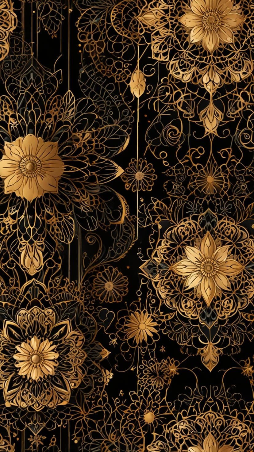 Golden mandala patterns and floral filigree motifs with a metallic texture set against a solid black background.