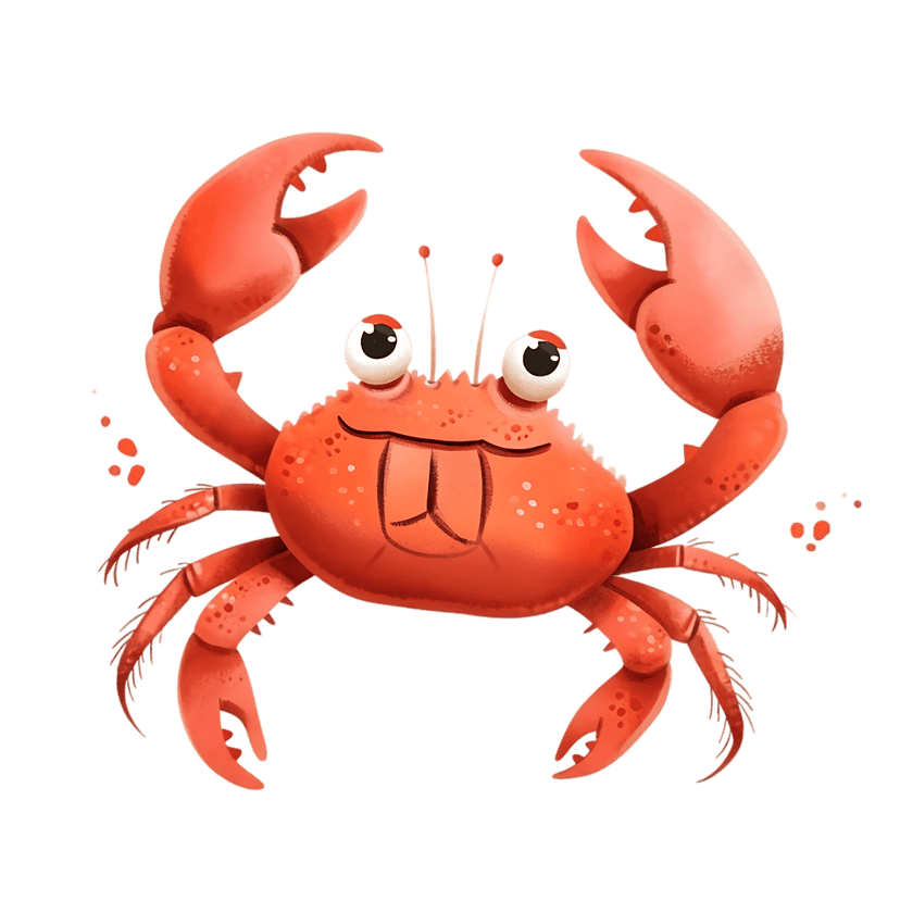 Orange crab illustration features large circular eyes and raised claws against a transparent background.