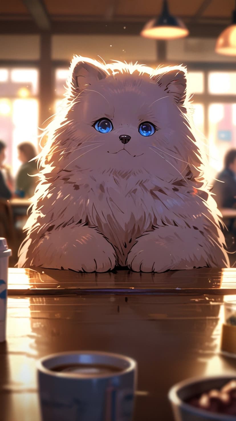 Fluffy white cat with bright blue eyes sitting on a wooden coffee shop table under warm, soft indoor lighting.