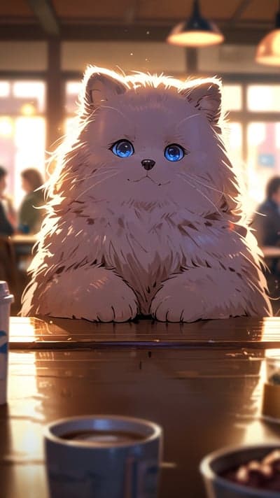 Fluffy Cat with Blue Eyes at Coffee Shop