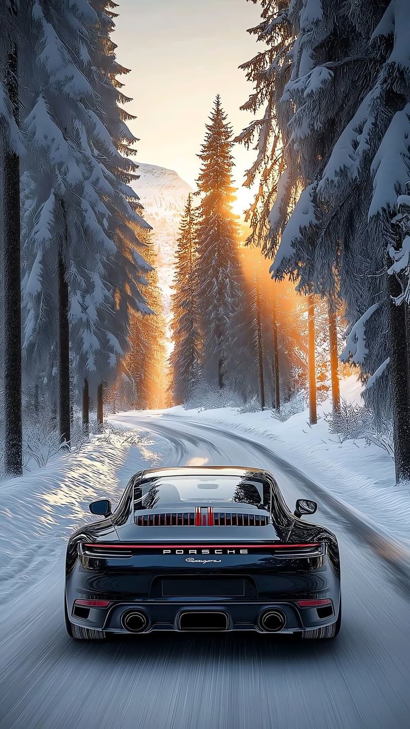 Rear view of a black Porsche on a snowy forest road with golden sunlight filtering through pine trees.