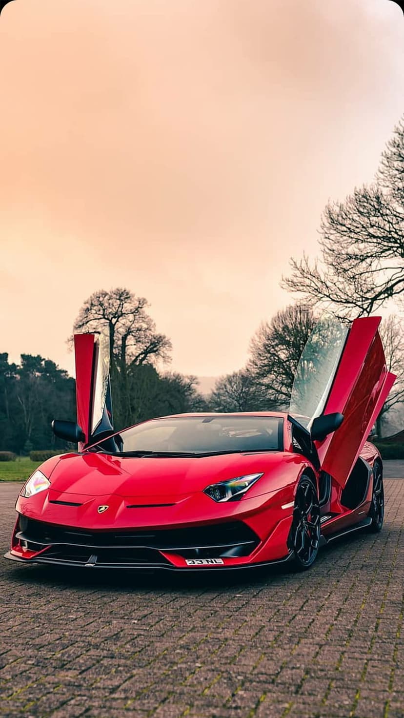 Red Lamborghini Aventador with open scissor doors parked on a brick pavement against a soft hazy sky and bare trees.