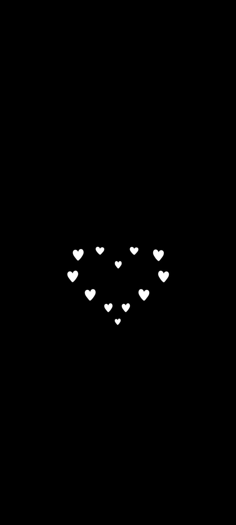 White hearts arranged into a larger heart shape centered on a solid black background for vertical screens.
