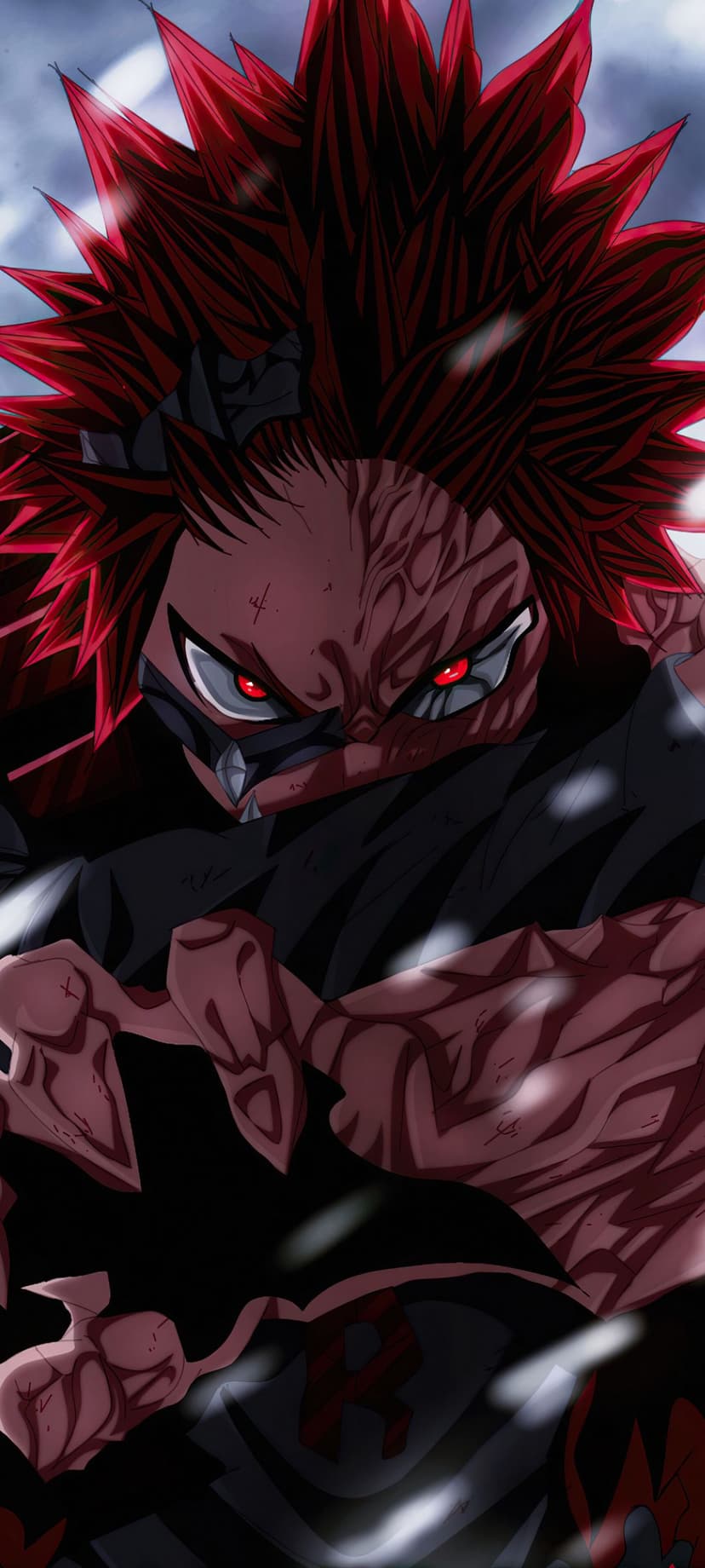 Anime character with spiky red hair, glowing eyes, black mask, and facial markings against a blurred backdrop.