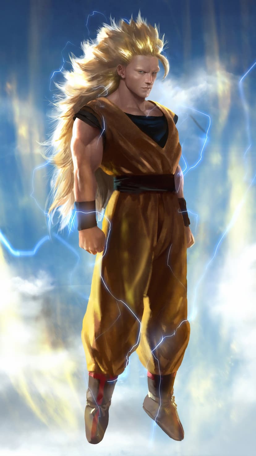 Goku with long golden hair floats among blue lightning bolts against a cloudy sky in a vertical composition.