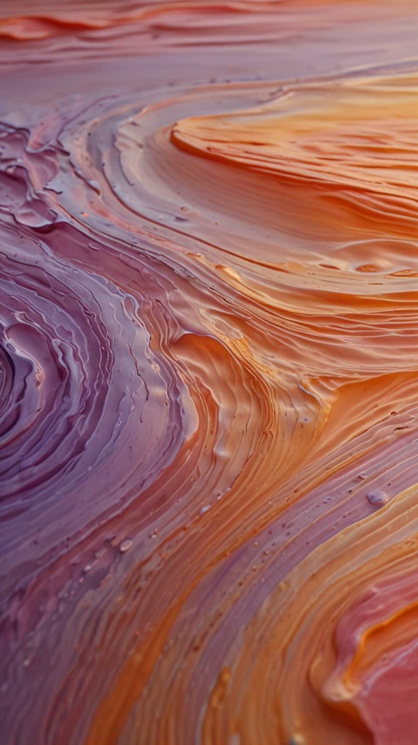 Thick purple and orange paint swirls overlap in a glossy, undulating pattern with highlights on the curved edges.