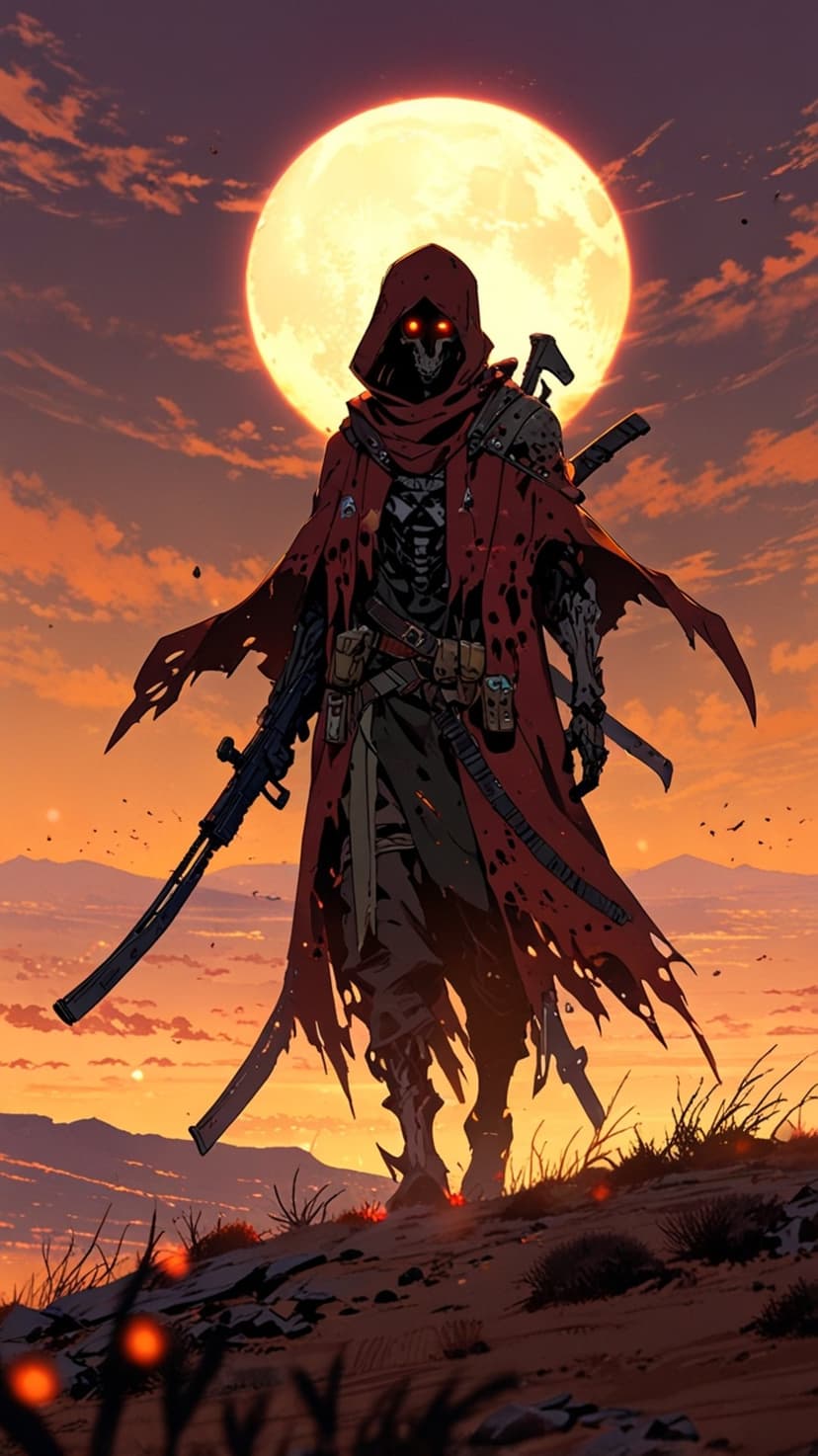 Undead skeleton in a red cloak holds a rifle and sword before a massive moon and vibrant sunset horizon.
