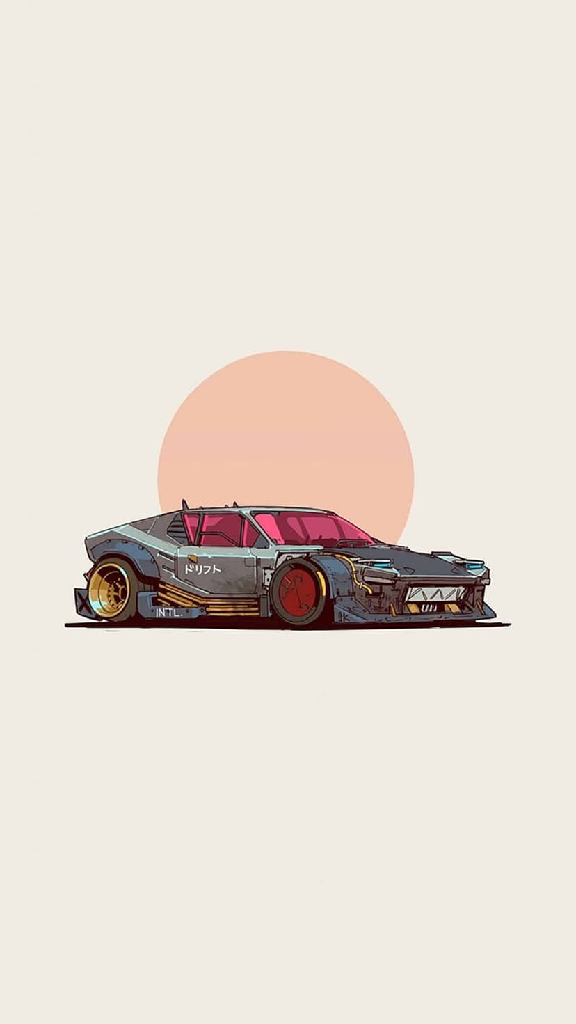 Modified drift car with pink windows and mechanical details against a peachy sunset sky in vertical view.