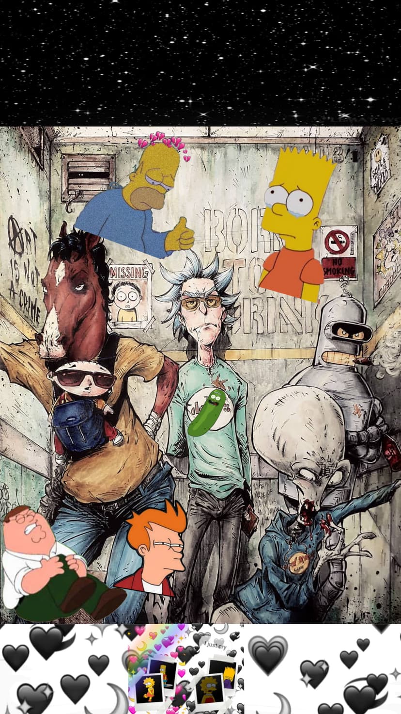 Rick Sanchez, Homer Simpson, and Bender stand together before a graffiti wall under a dark starry sky.