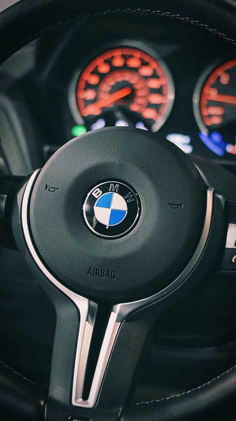 BMW steering wheel logo and red glowing dashboard gauges capture a sporty vehicle interior in low light.