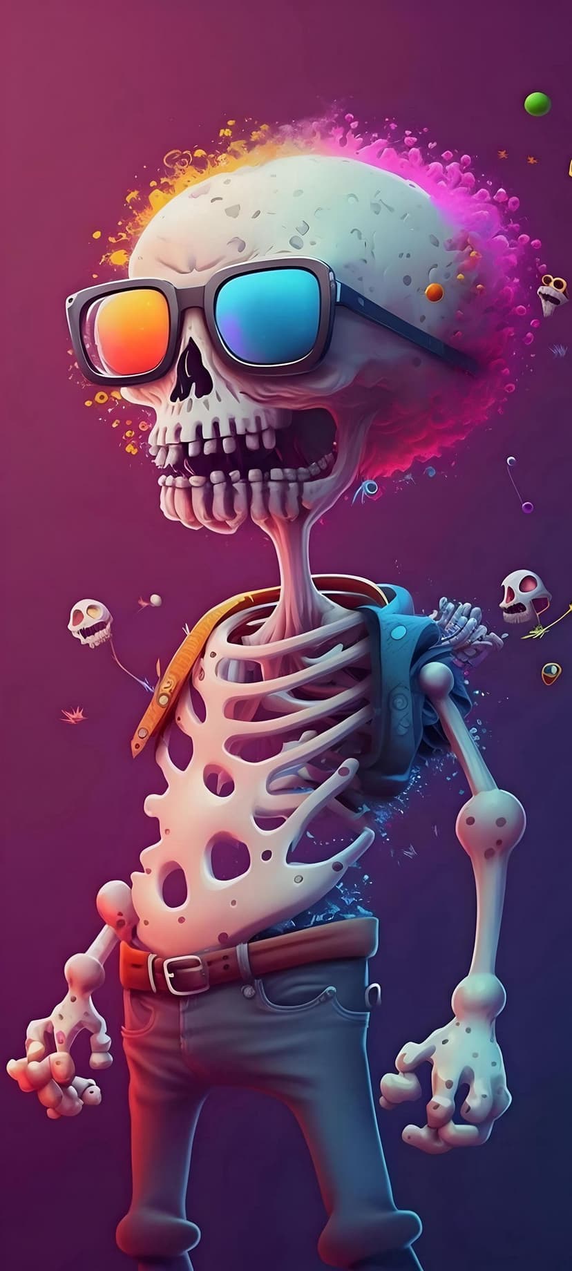 Skeleton wearing 3D glasses and pink fluffy hair with floating mini skulls on a deep purple background.