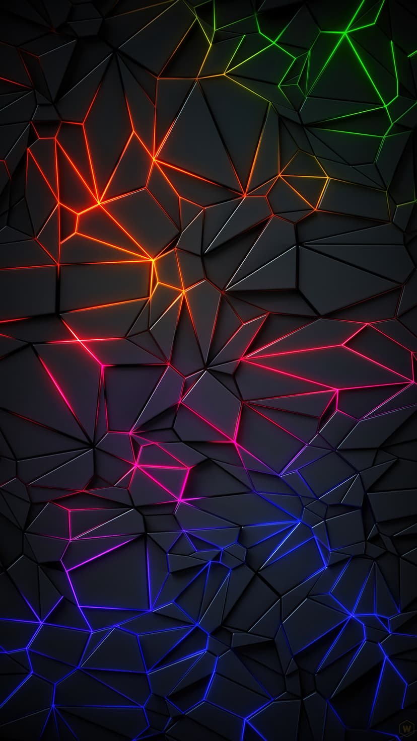 Dark geometric shards outlined in glowing neon orange, pink, and blue light with sharp angular shadows.