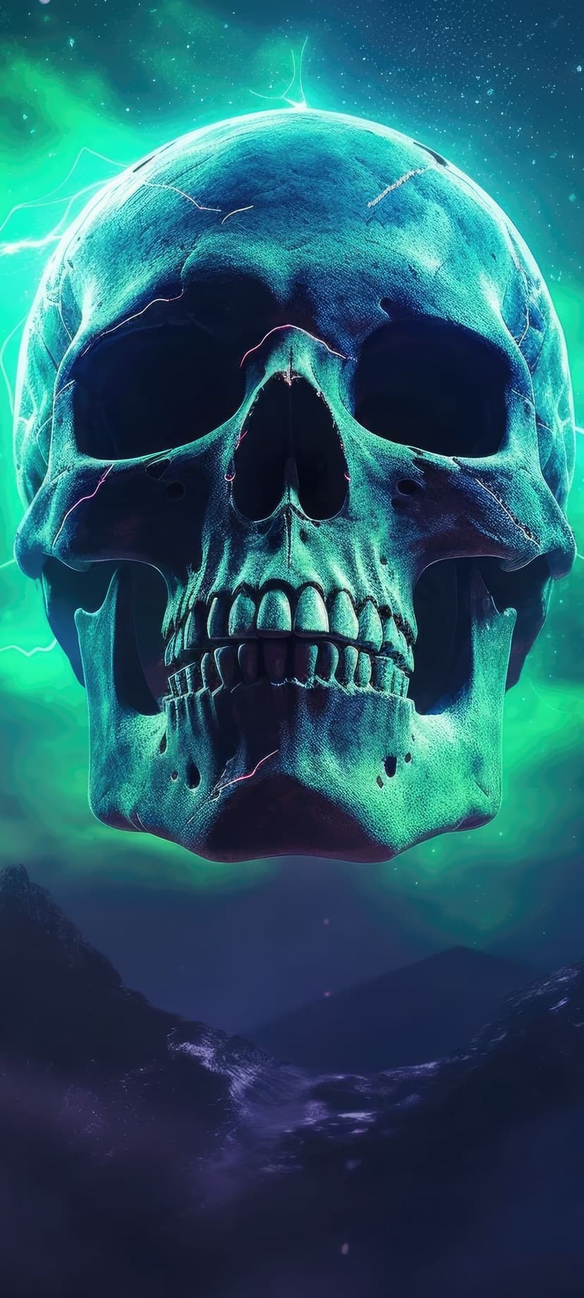 Large skull with pink cracks floating over green aurora lights and dark jagged mountains in a misty night sky.