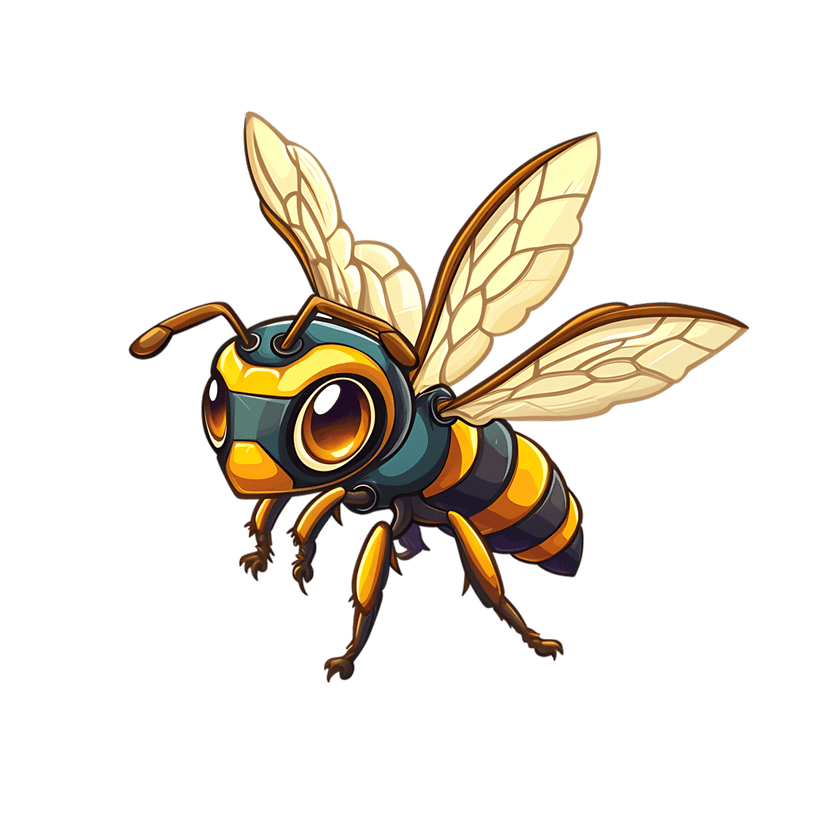 Cartoon bee with yellow stripes and black bands features large eyes and translucent wings against transparency.