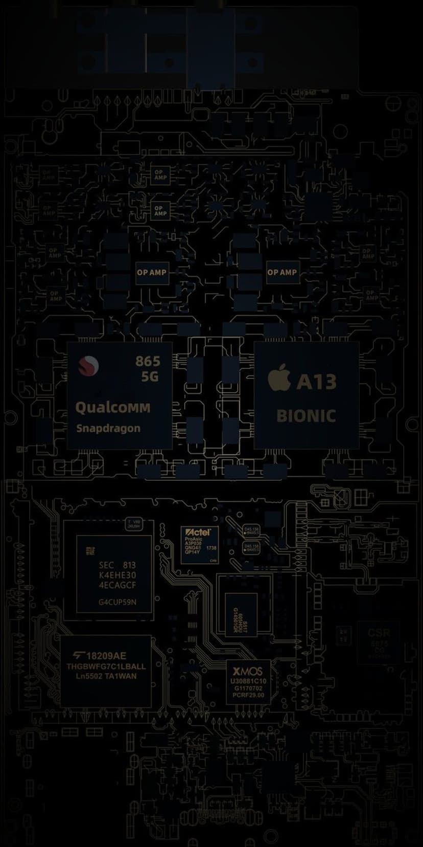 Snapdragon and Apple A13 Bionic chips sit on a dark motherboard with glowing blue and orange circuit paths.