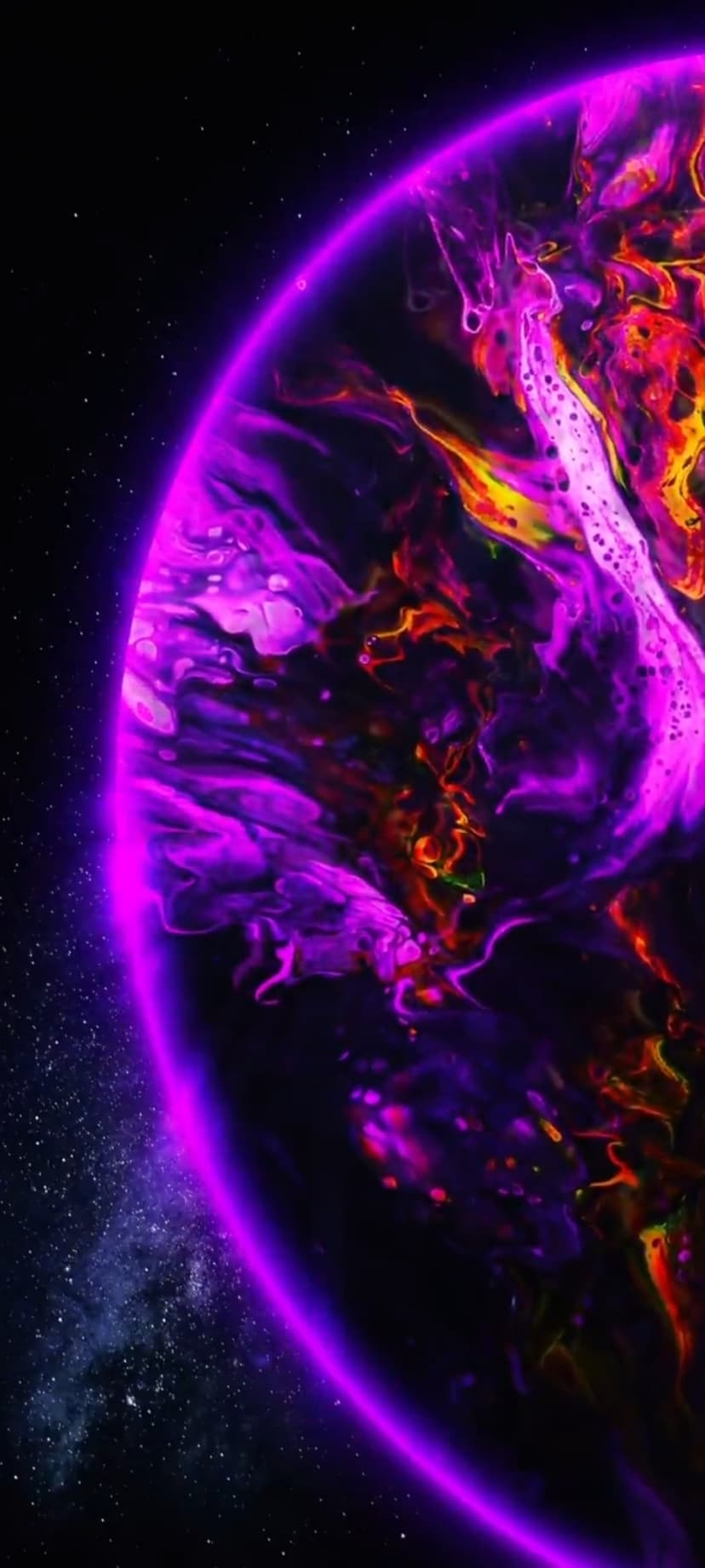 Glowing purple planet with swirling yellow gases and a bright violet ring surrounded by distant stars in space.