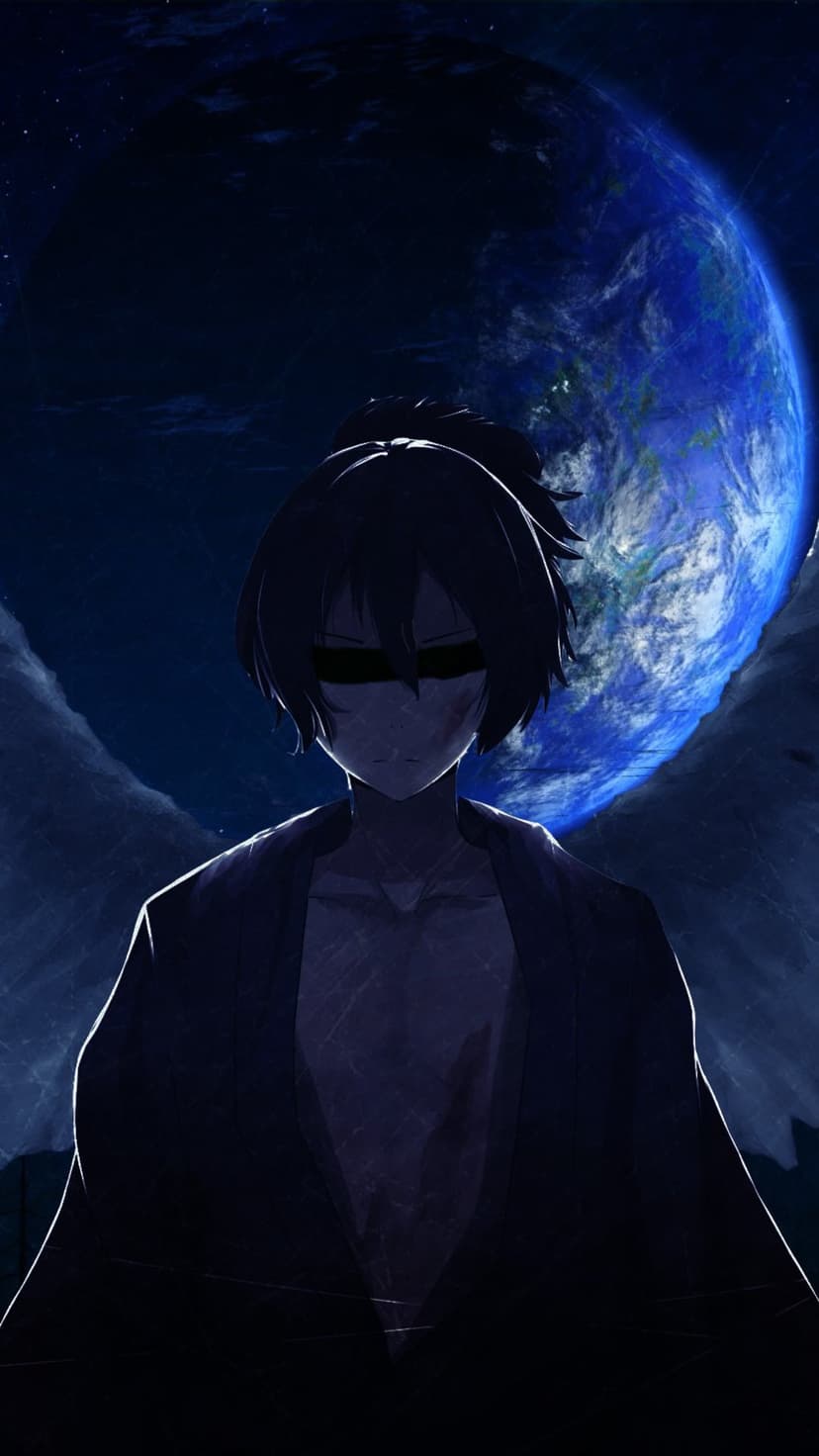 Blindfolded character with large white wings standing in front of a glowing blue earth and starry space.