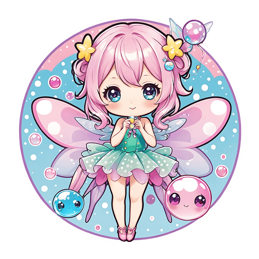 Pink hair fairy sticker character wearing a teal polka dot dress while holding beads against a bubble background.