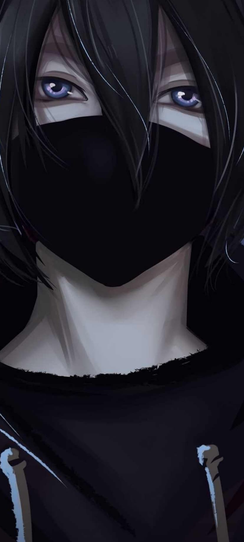 Masked anime boy with vibrant blue eyes and dark tousled hair wearing a black hoodie in a close-up portrait.