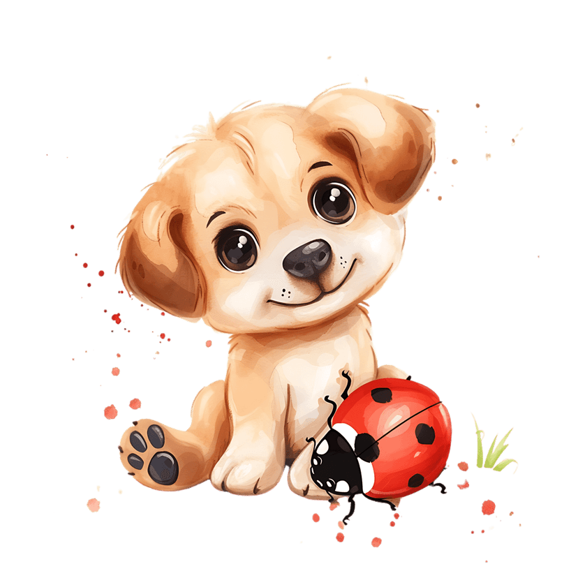 Golden retriever puppy watercolor sits near a red ladybug on a black background with soft paint splatters.