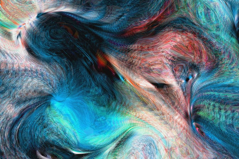 Swirling ribbons of teal, red, and blue shades intertwine in a fluid, energetic spiral with white highlights.