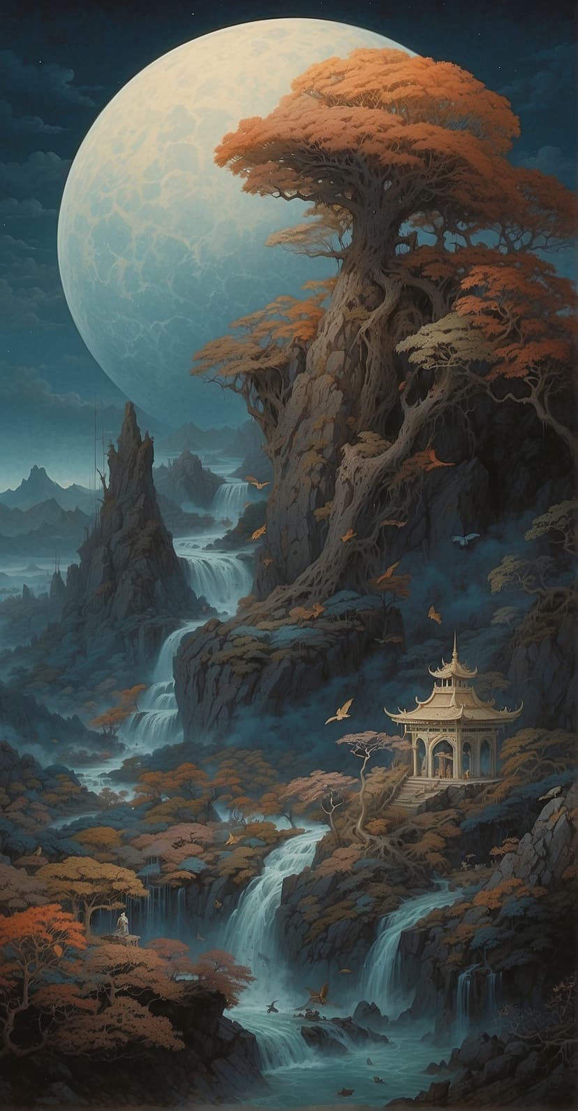 Full moon glows above a mountain waterfall, a small pagoda, and ancient trees with vibrant orange foliage.
