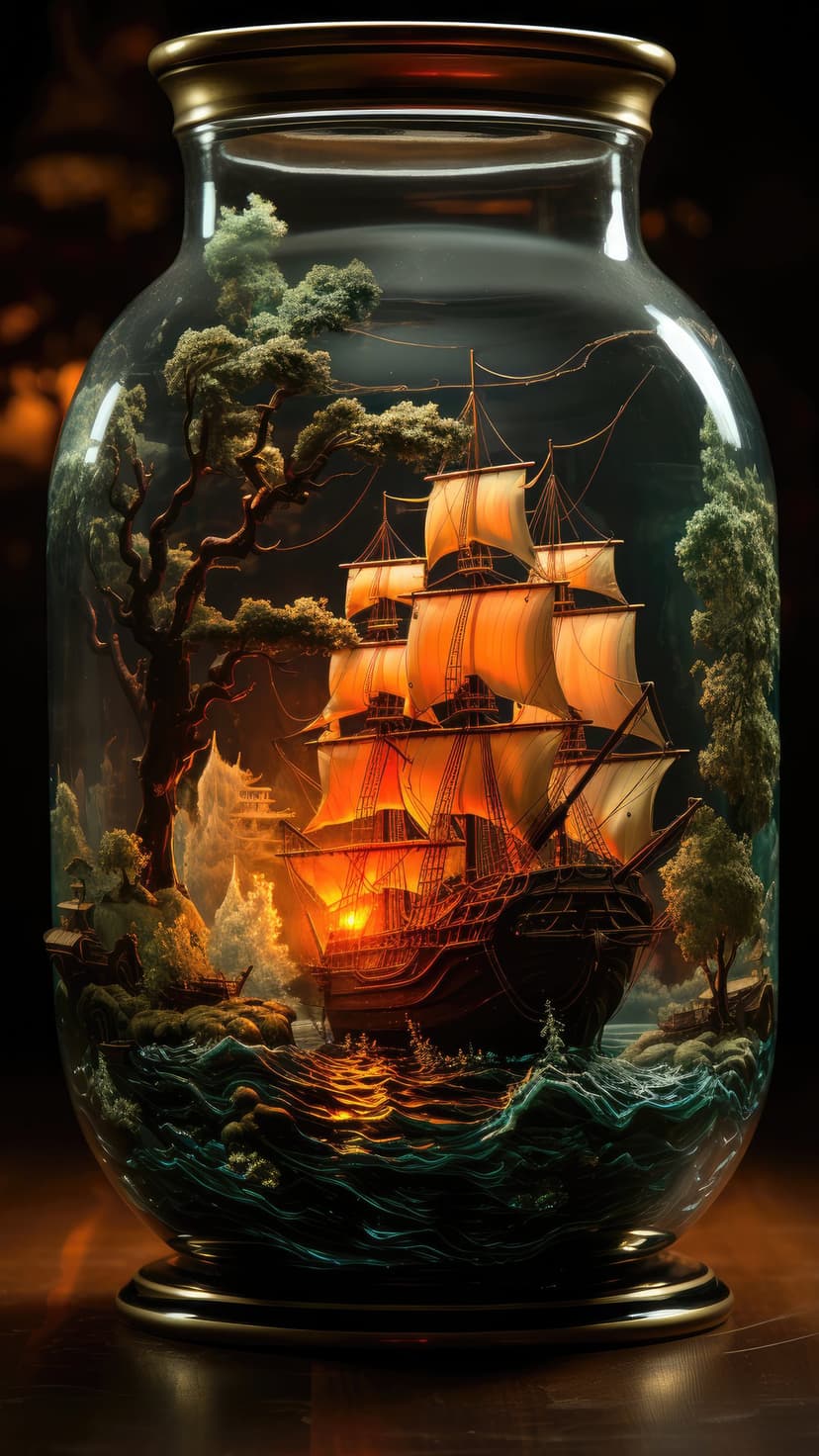 Miniature sailing ship with glowing sails navigating turbulent waves inside a glass bottle on a dark background