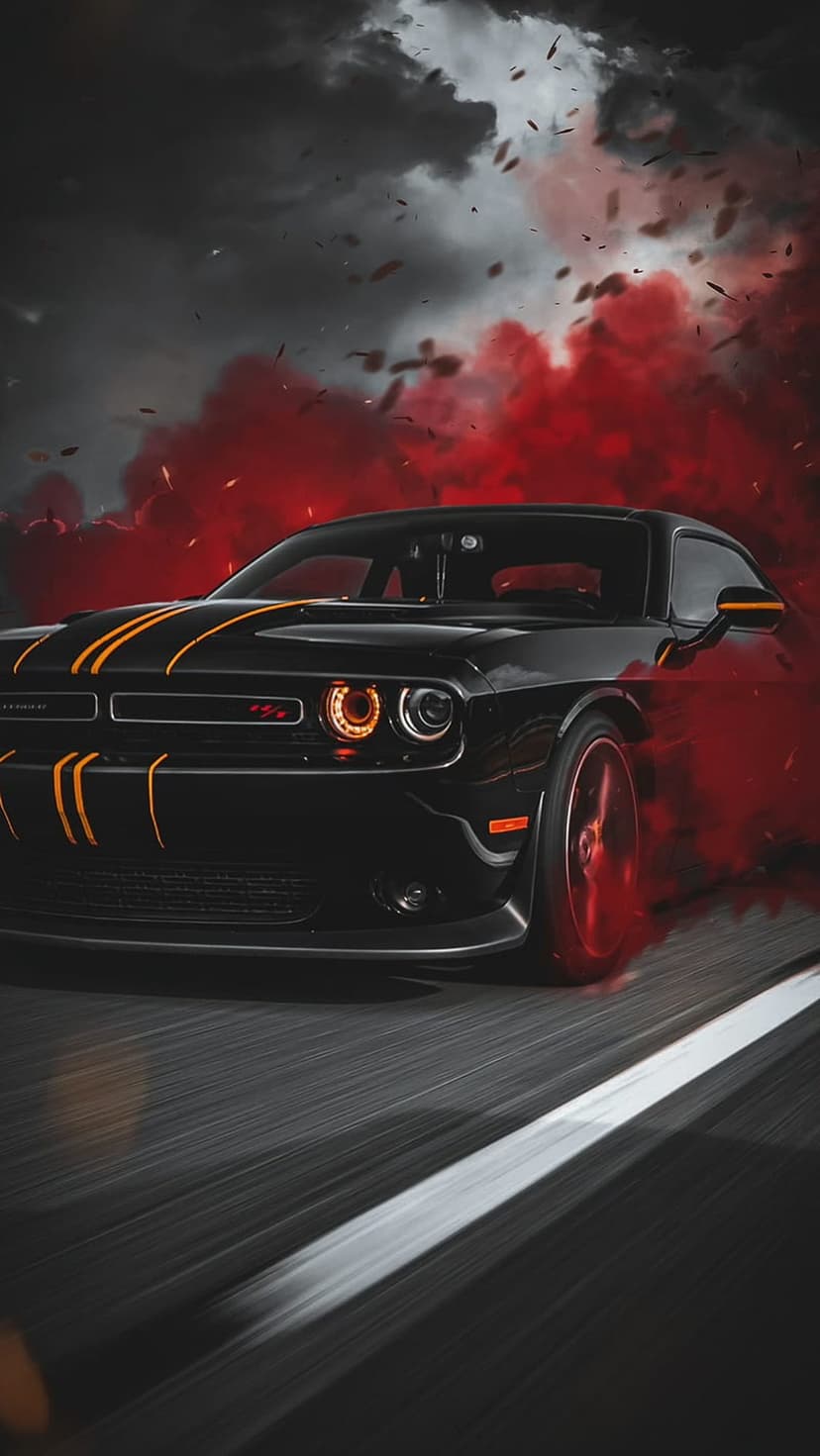 Dodge Challenger with orange stripes speeds through red smoke on a wet dark road under a stormy sky.