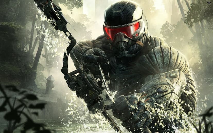 Soldier in futuristic armor aiming a compound bow amidst splashing water in a sunlit overgrown city.