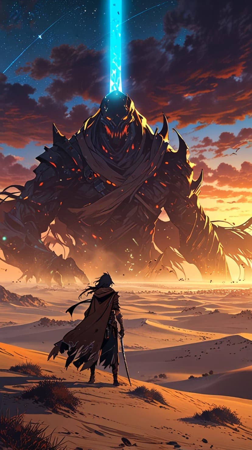 Armored warrior stands before a giant monster emitting a blue energy beam into a star-filled desert sky at night.