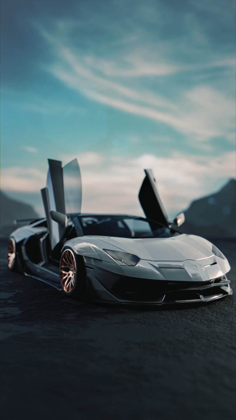 Lamborghini Aventador SVJ with open scissor doors and bronze wheels parked against a cloudy mountain backdrop.