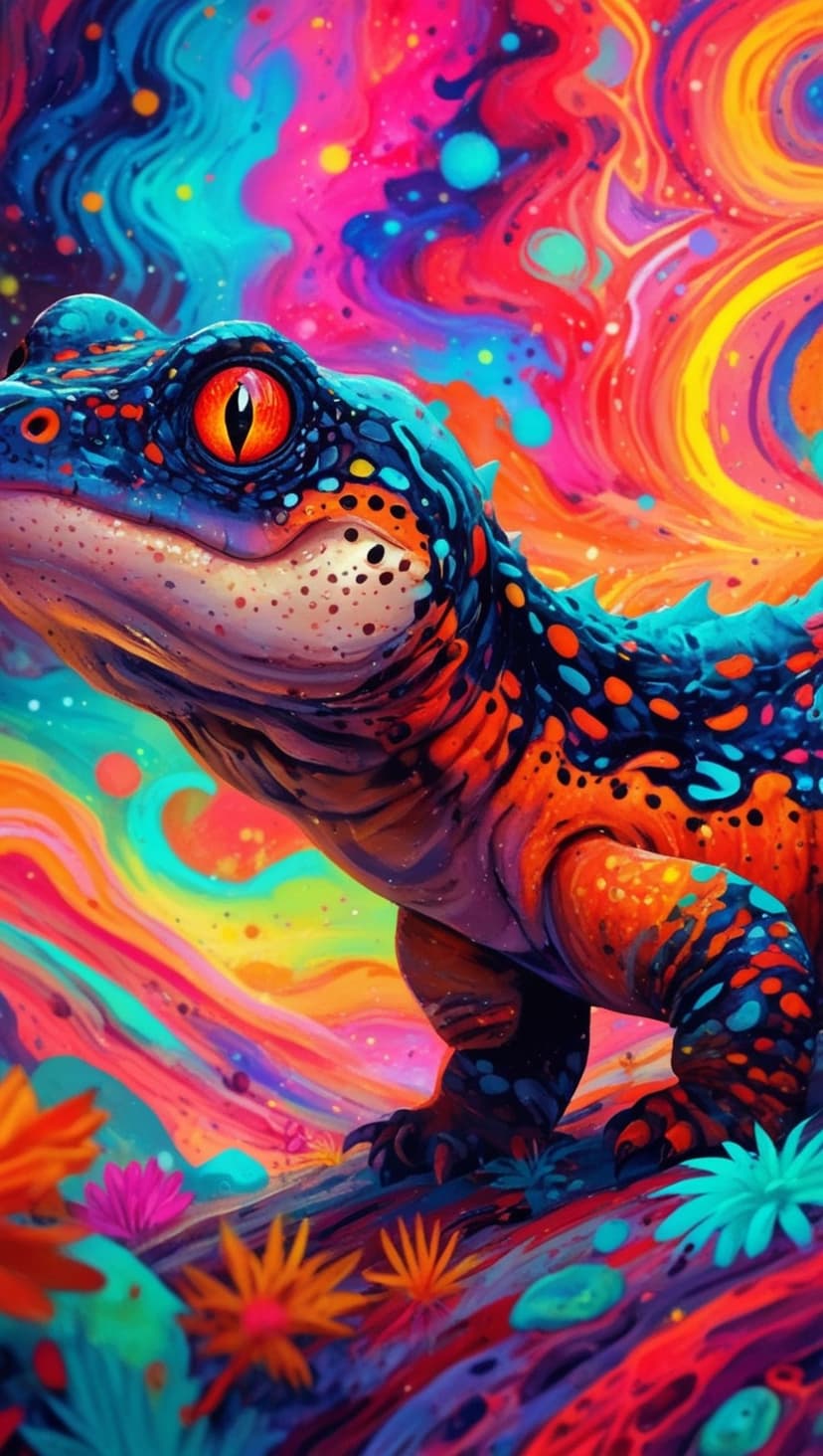 Spotted lizard with orange eyes rests among neon abstract flowers against a swirling colorful background.
