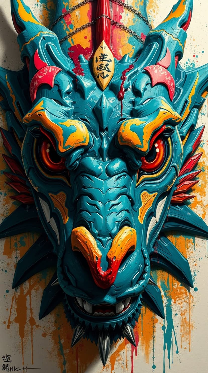 Blue dragon head with fiery red eyes and sharp teeth beside a yellow oval featuring Japanese calligraphy.