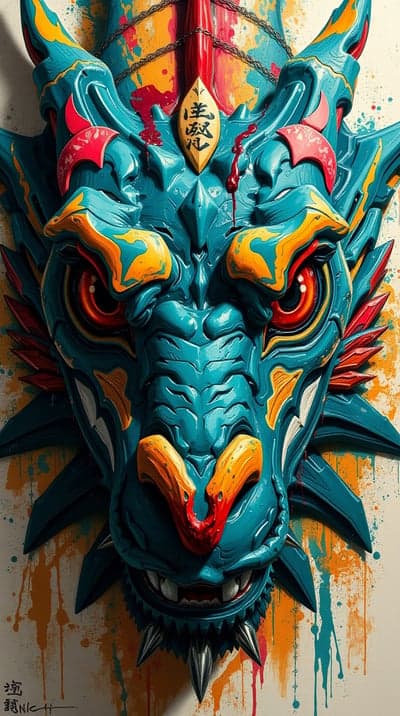 Intense Blue Dragon Portrait Wallpaper with Kanji Art