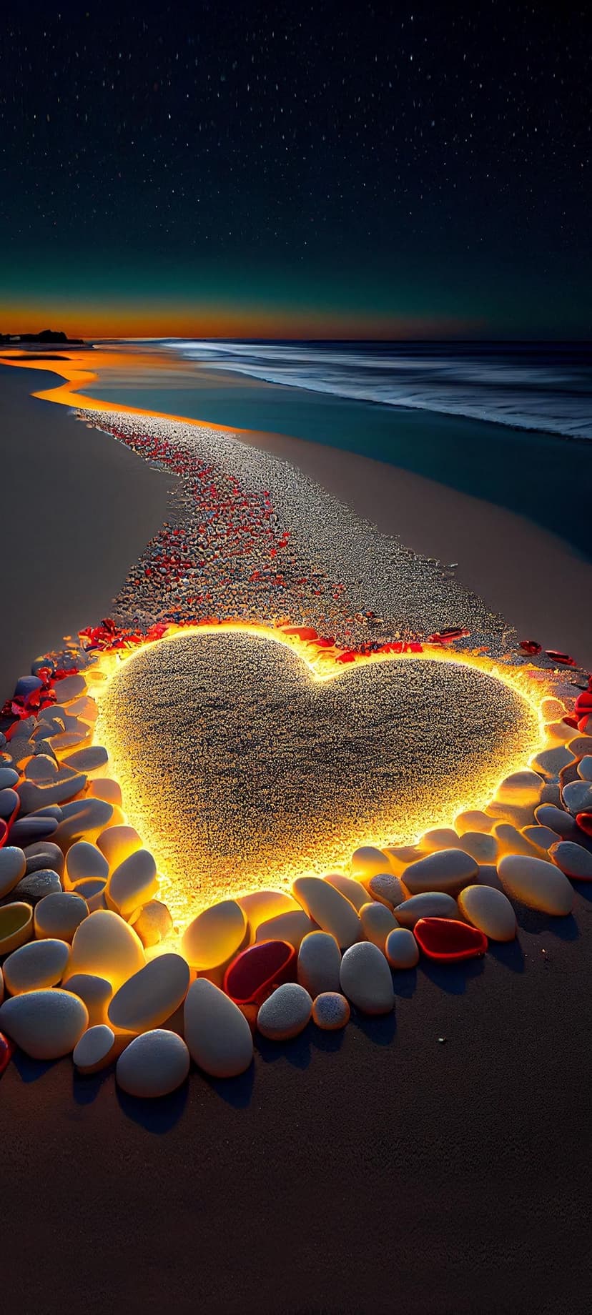 Glowing sand heart on a pebble beach under a starry sky with a path of red rose petals leading toward the ocean.