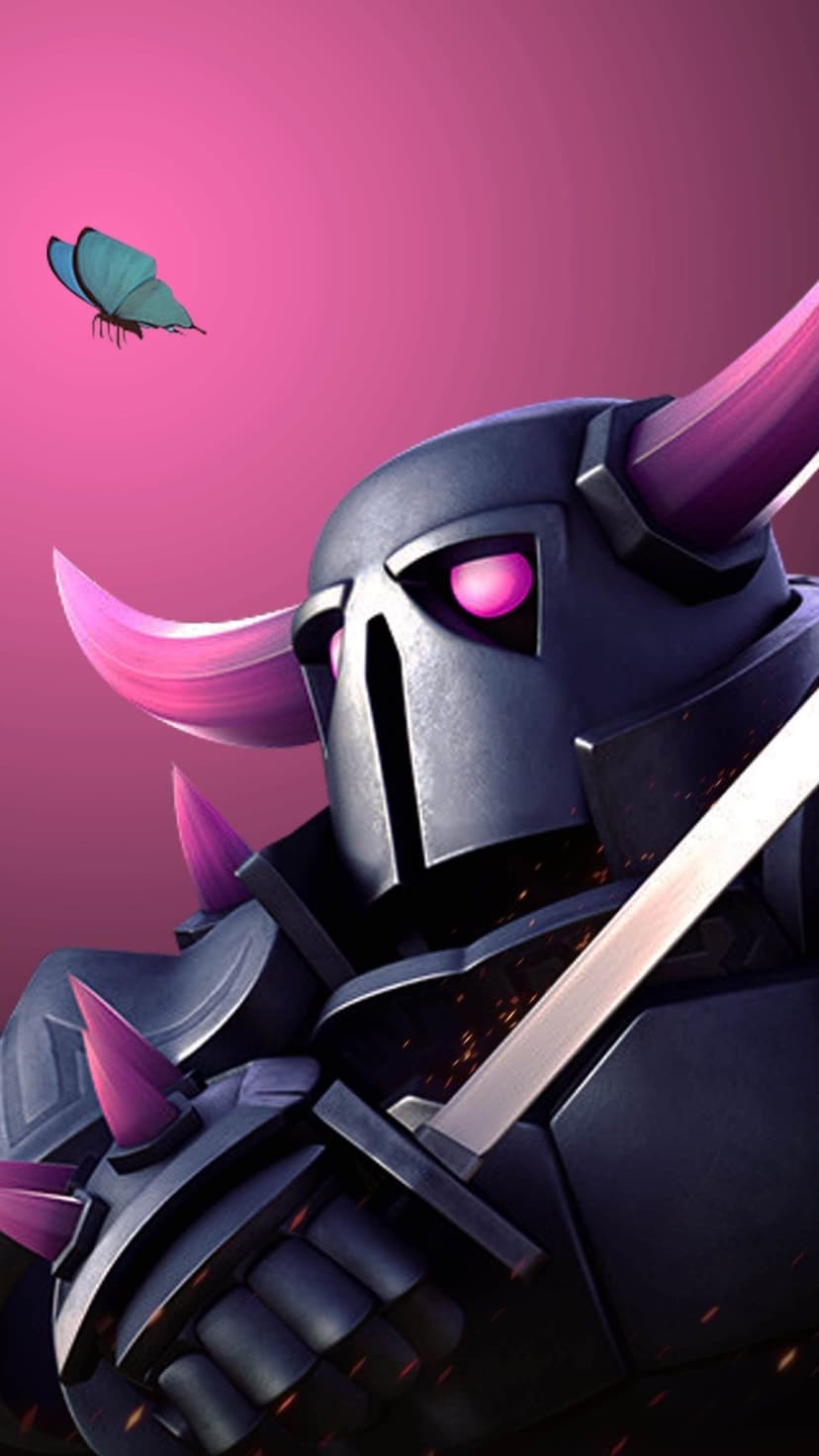 Dark armored knight with glowing pink eyes and horns looking at a blue butterfly on a pink background.
