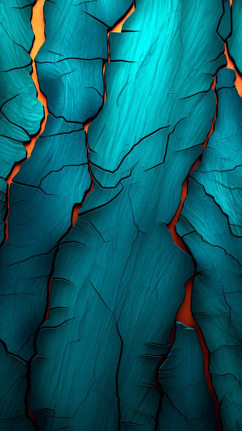 Teal stone surface split by jagged cracks reveals a radiant orange molten glow from beneath the textured rock.