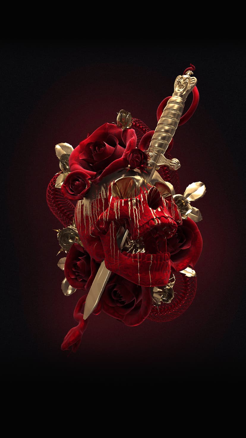 Deep red skull entwined with golden roses and a gleaming gold dagger against a dark, dramatic background.
