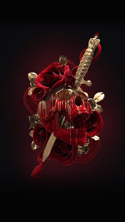 Gothic Red Skull with Golden Dagger and Roses