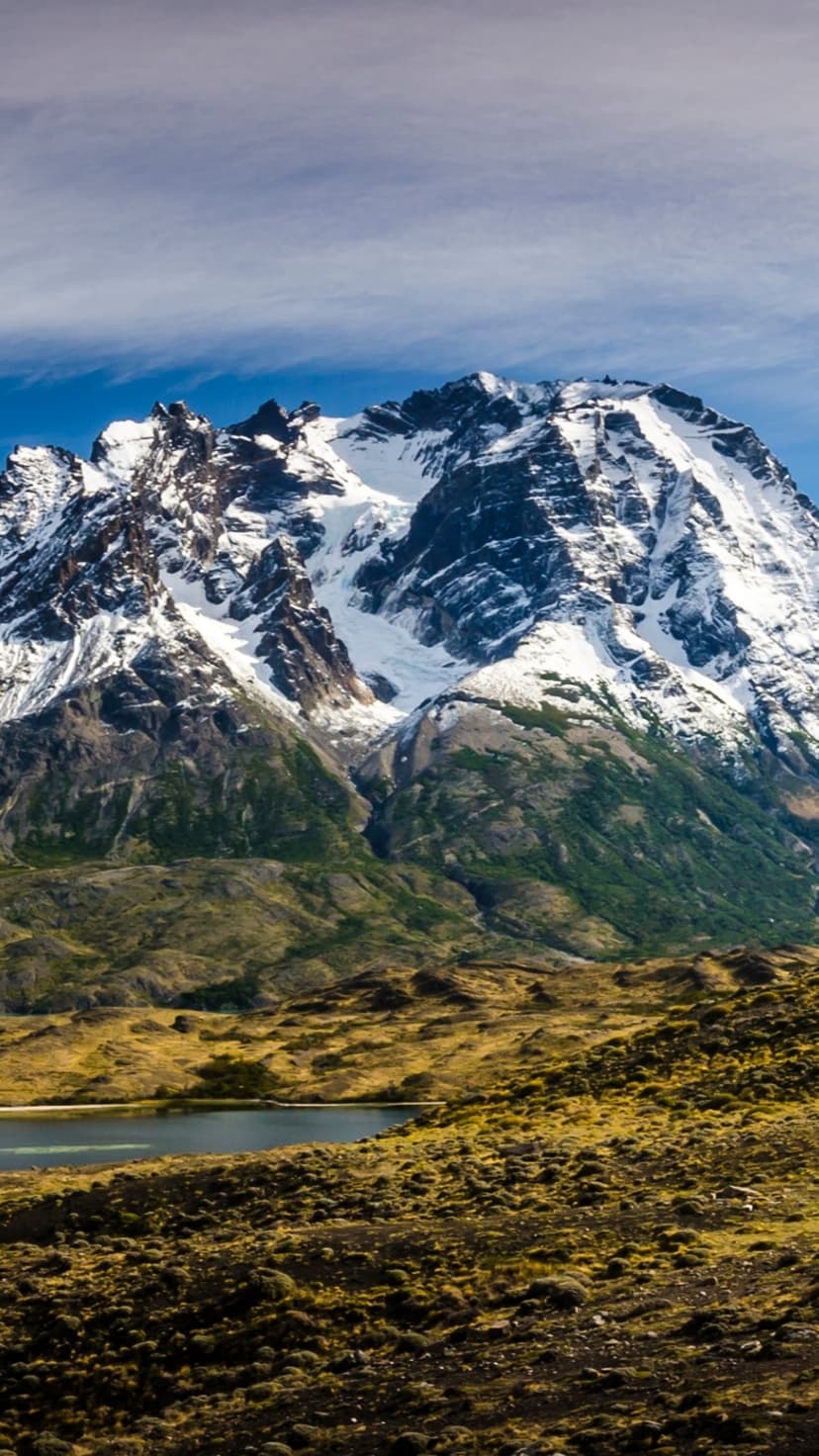 Snow-capped mountain peaks towering over a calm lake with golden grass under a bright blue sky during daytime.