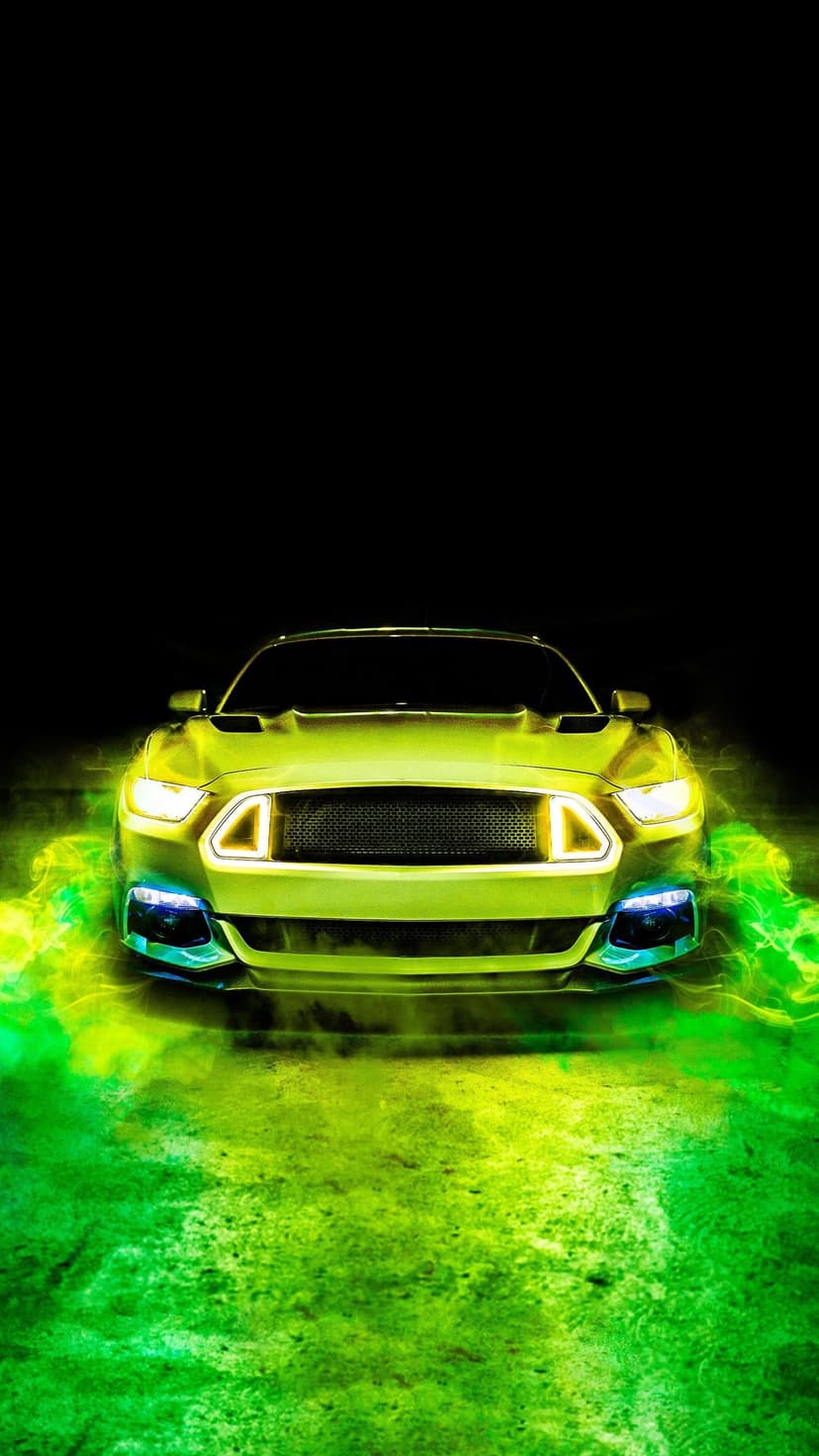 Neon green Ford Mustang with bright headlights is enveloped in thick glowing smoke on a dark background.