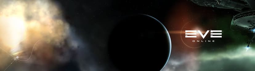 A dark planet silhouette between a glowing golden nebula and the EVE Online logo in deep space.