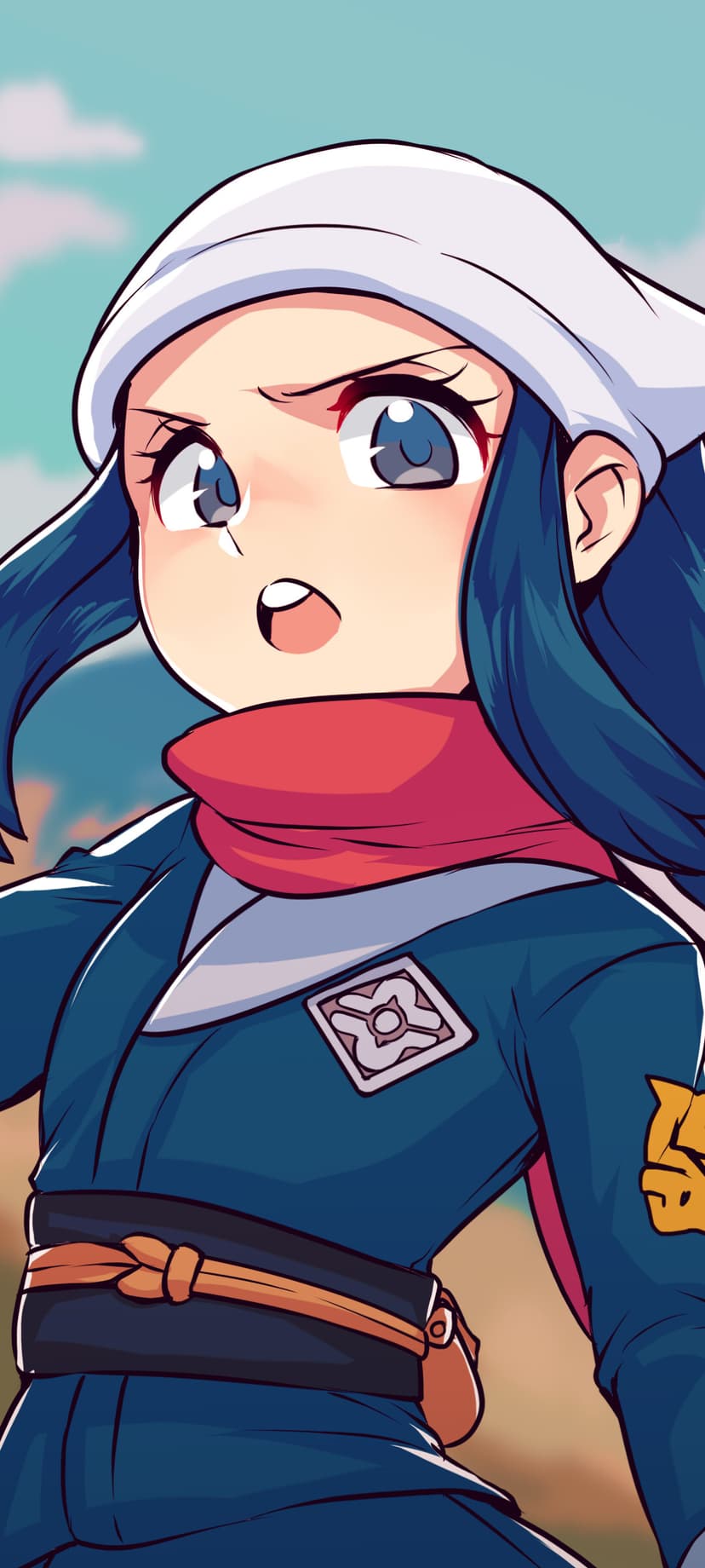 Akari wearing a blue Galaxy Team uniform and red scarf with a determined expression against a blue sky.