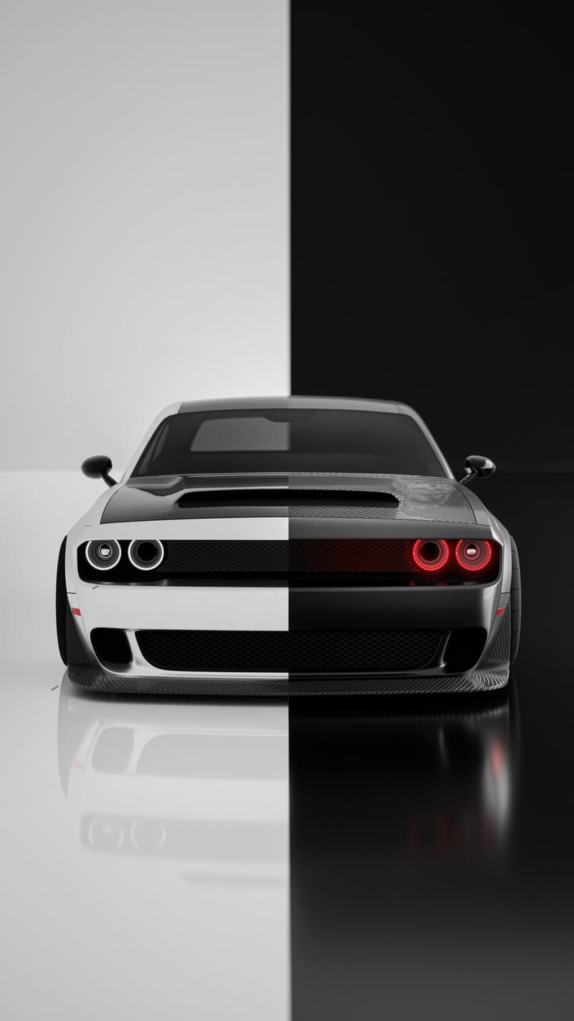 Dodge Challenger split between black and white with glowing red and white headlights on a reflective surface.
