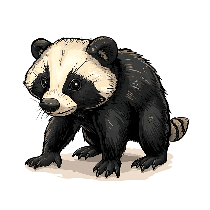Cartoon badger illustration featuring black and white striped fur and a bushy tail in a squatting posture.