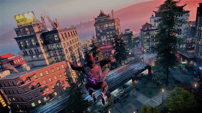Man jumps from a brick building over a city street at sunset with glowing purple energy trails in Seattle.