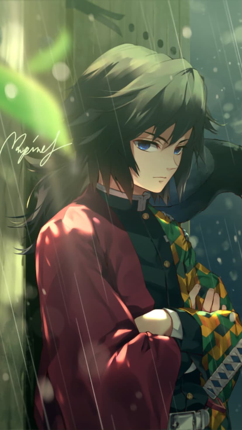 Giyu Tomioka with blue eyes and a patterned haori stands in the rain with blurred green leaves in the background.