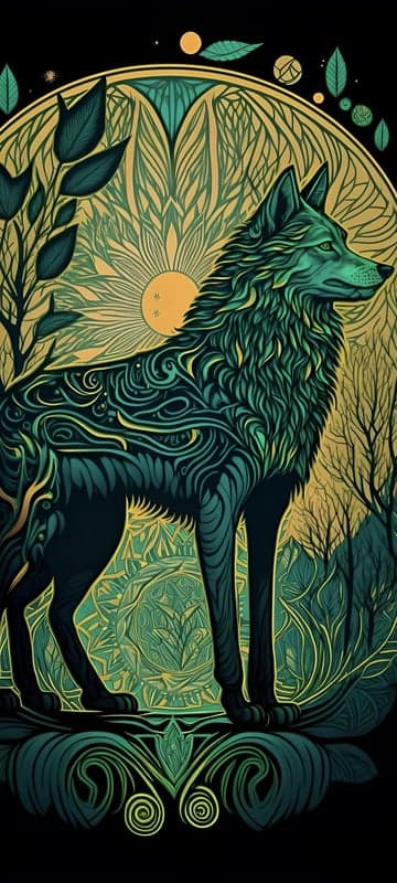 Mystical green wolf in ornate nature mandala art