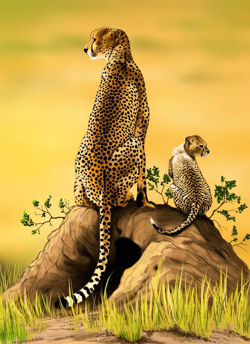 Cheetah mother and cub sit together on a termite mound amidst golden savanna grass under a warm sunset sky.