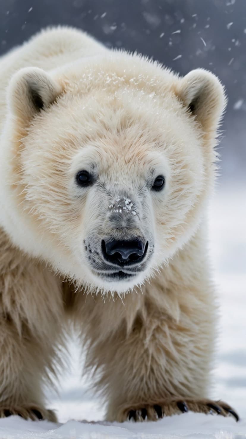 Polar bear face with glistening white fur, dark eyes, and snowflakes on its black nose in a blurry arctic setting.